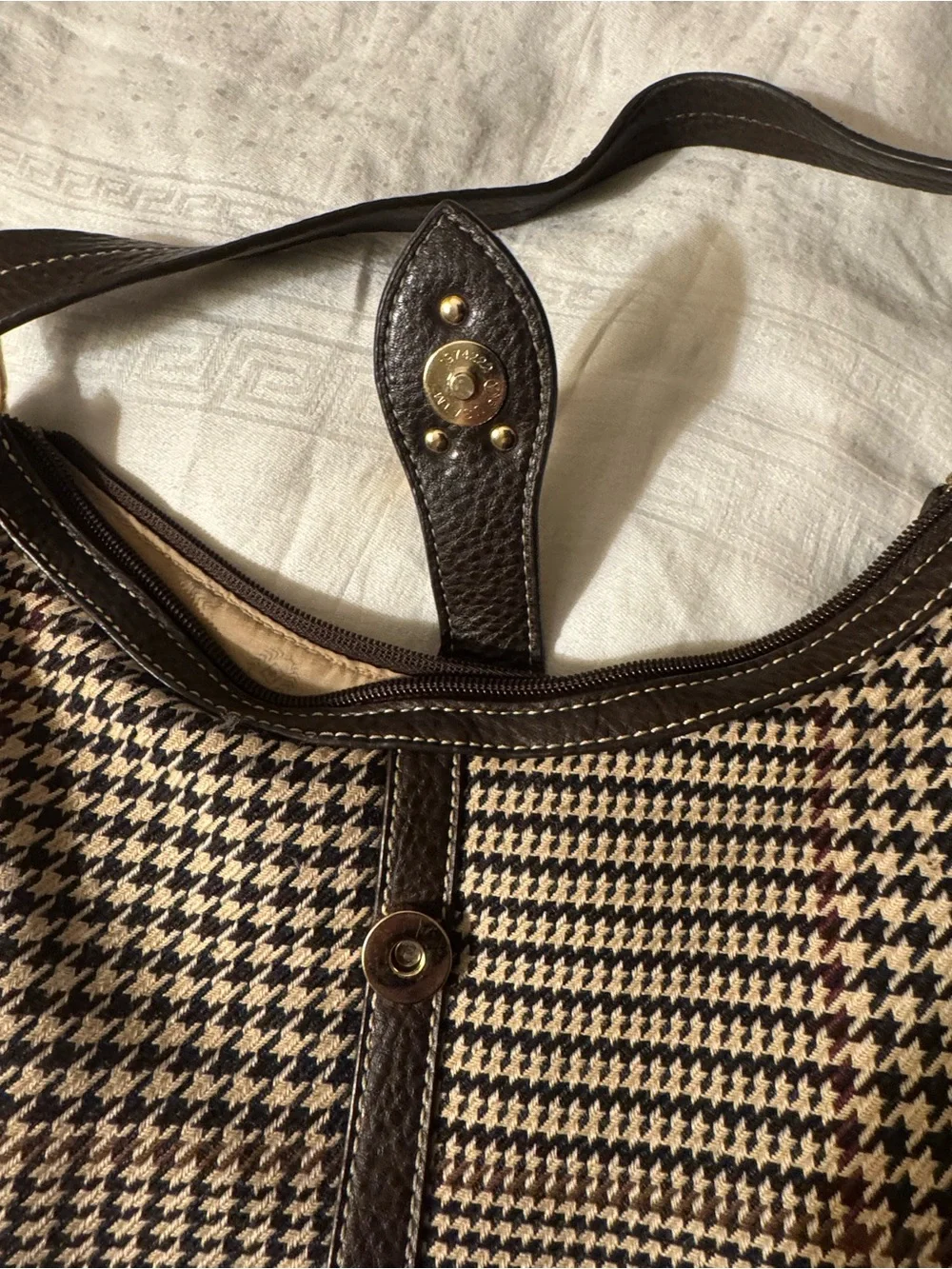 Chaps Brown & Beige Houndstooth Hobo with Gold Lock